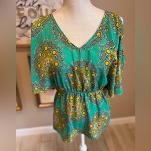 5 for $30 LARA Green Flutter Sleeve Blouse with Open Shoulders